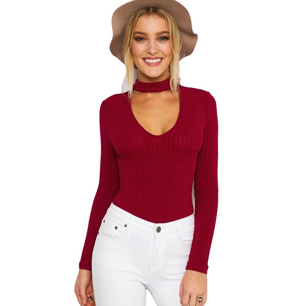 Womens Plain Choker V Neck Leotard Long sleeve top - Picture 2 of 3